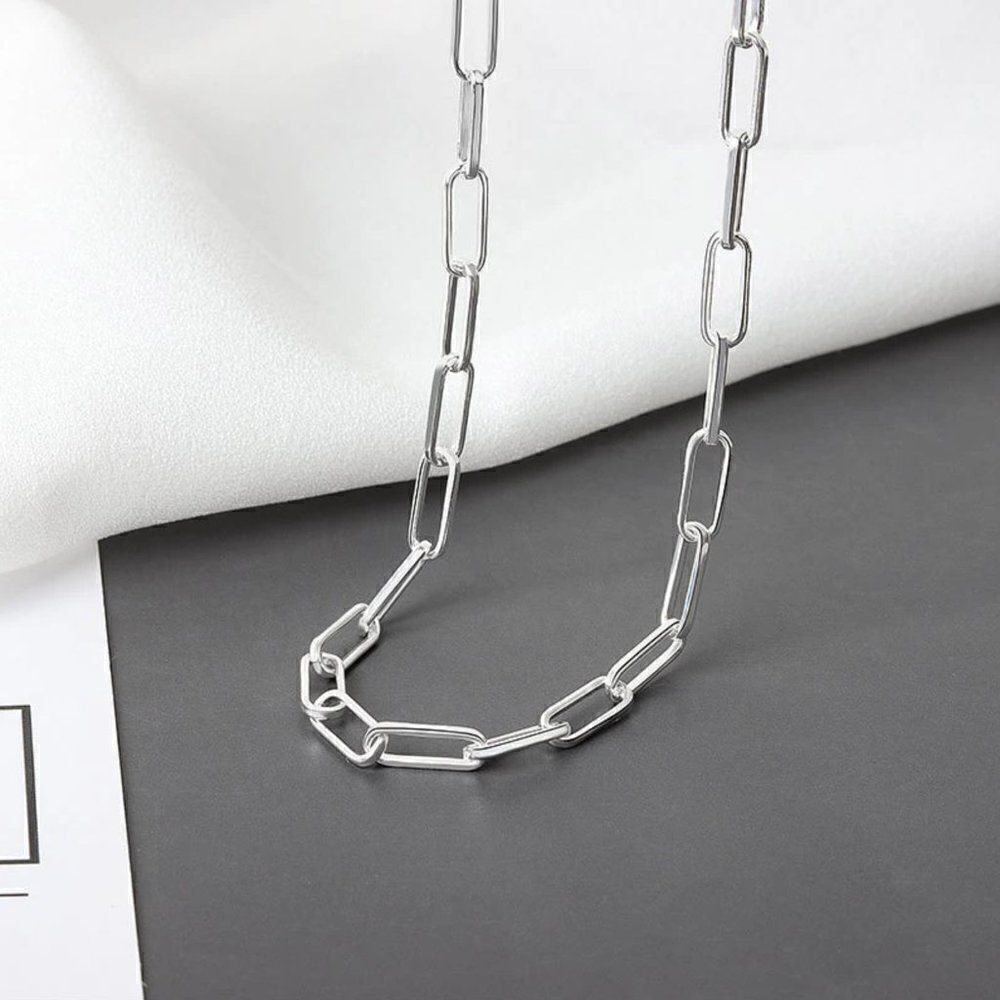 Silver Paperclip Chain Link Choker Necklace 925 Stamped - Picture 4 of 7
